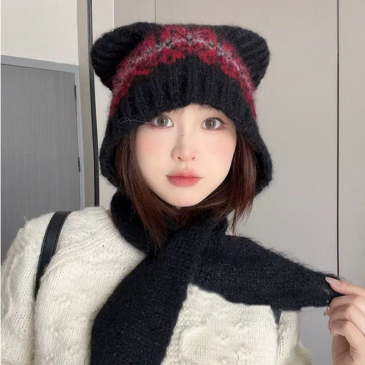 Knit cap with scarf, bear design, women, winter