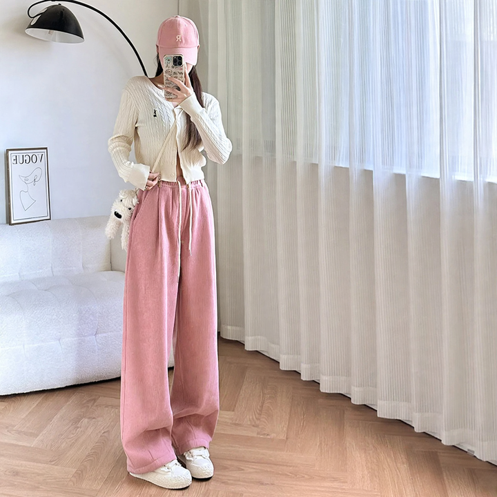 Cord Wide Trousers with High Waist, Lined