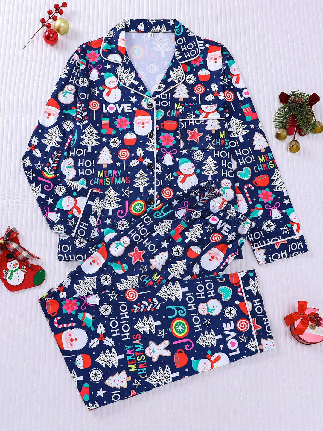 Women’s Pajama Set, Long Sleeve, Christmas Motif, Notched Collar