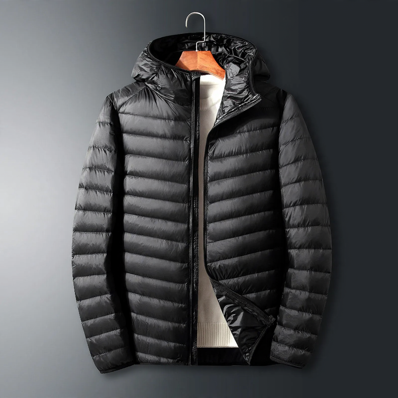 Light men's down jacket with hood, white duck down lining