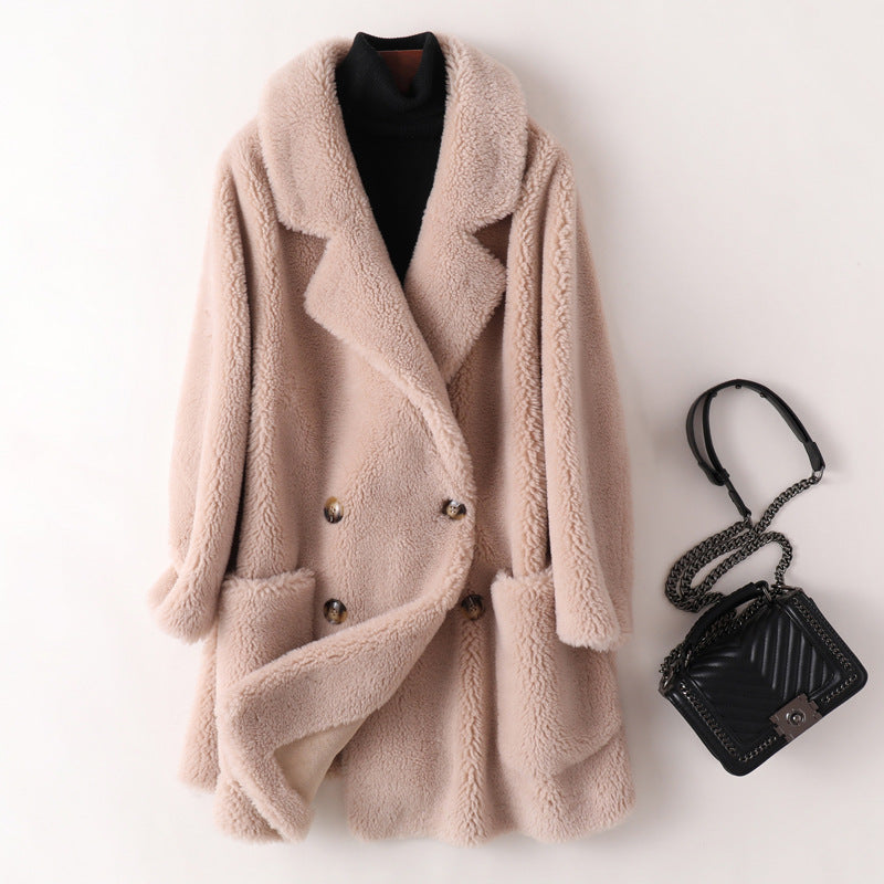 Women's coat made of lambskin imitation, medium length