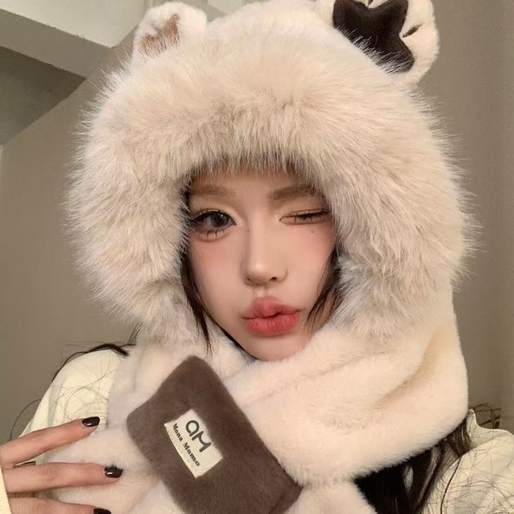 Plush hooded scarf with bear design, lined