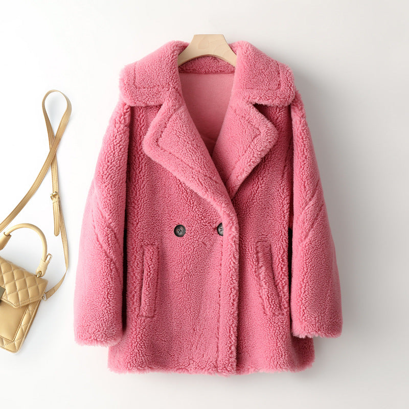 Women's coat made of lambswool imitation, mid-length, teddy look