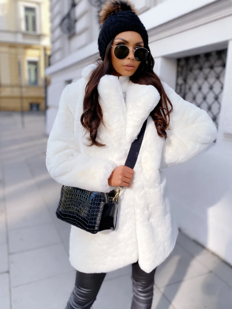 Long faux fur coat with lapel collar