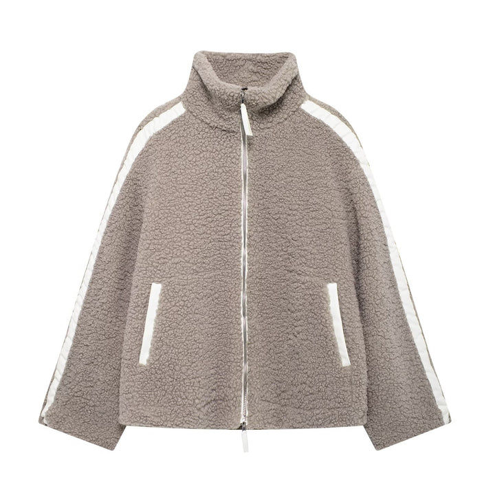 Ladies Teddy Fleece Jacket, Stand Collar, Zipper, Oversized