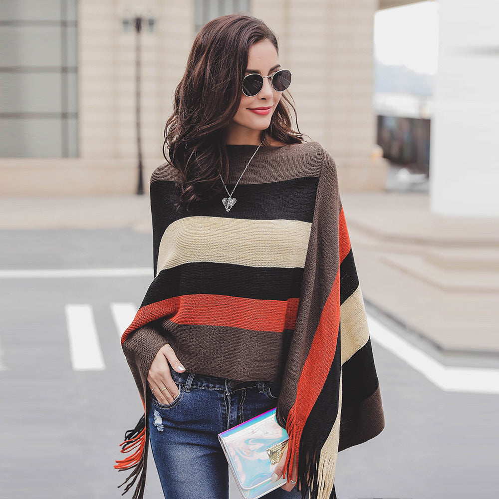 Lady poncho with fringes and modern striped pattern Lune London