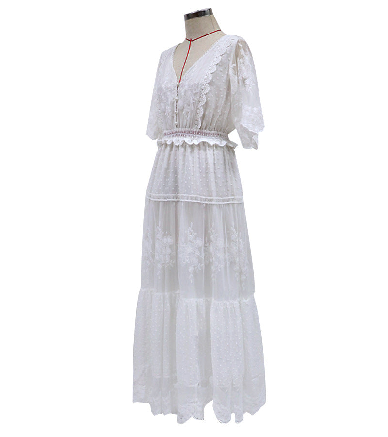 Lune London | Chiffon Lace Short Sleeve Boho V-Neck Maxi Dress