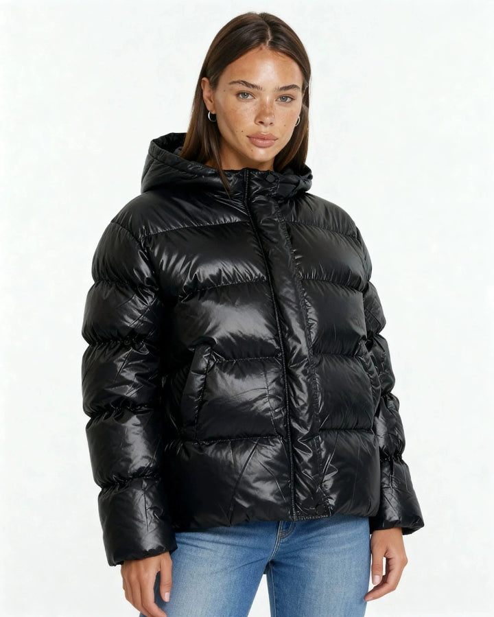 Padded women's hooded jacket in a modern style