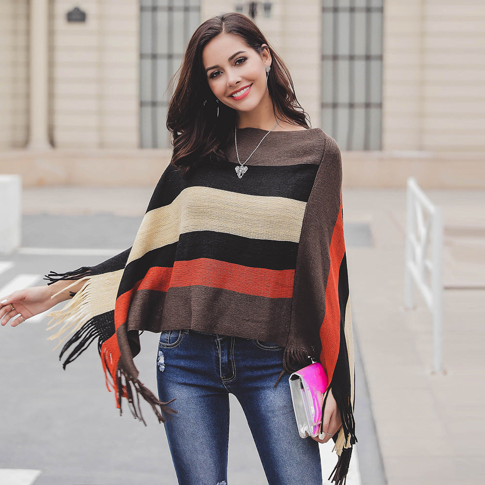 Lady poncho with fringes and modern striped pattern Lune London