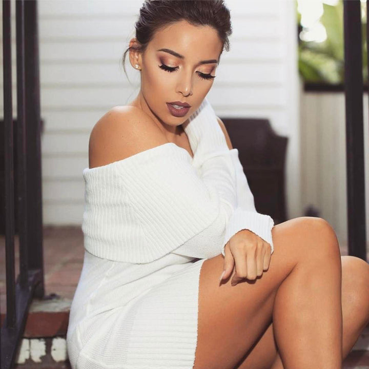Knitted dress for women with off-shoulder design and ribbed structure Lune London