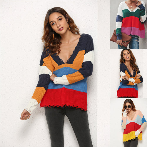 Pull en tricot décontracté pour femmes avec un profond col en V et un motif rayé tendance Chic & Stil