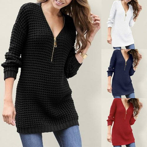 Knitted women's pullover with V-neck and high zipper Amarae