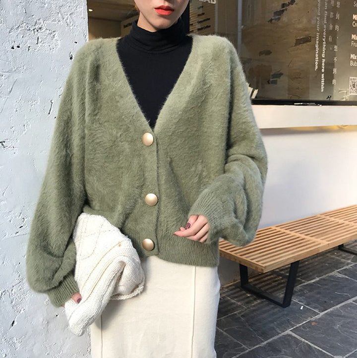 Ladies Plush Knit Sweater with Chic and Stylish Button Details