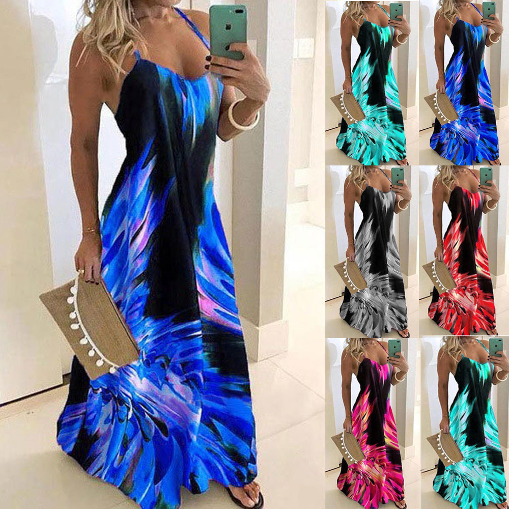 Lune London Women’s Maxi Strap Dress with Vibrant Abstract Print