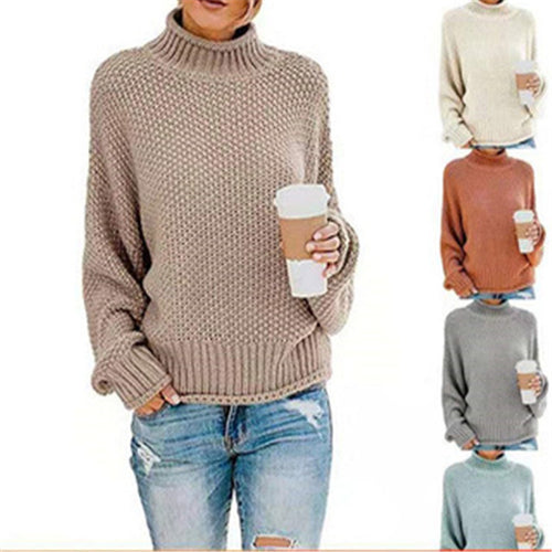 Ladies chunky knit sweater with high collar and textured surface Amarae