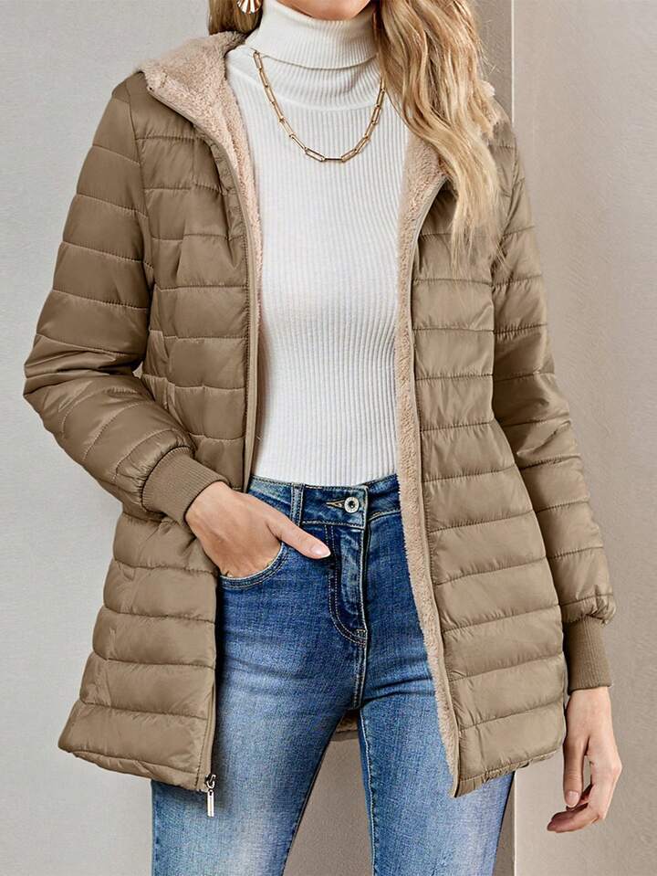 Padded hooded jacket with lamb fleece lining