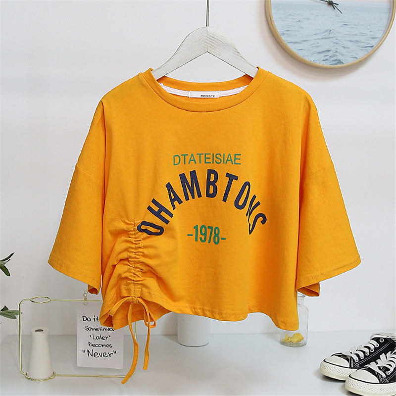 Women's cropped T-shirt with casual drawstring and creative lettering Lune London