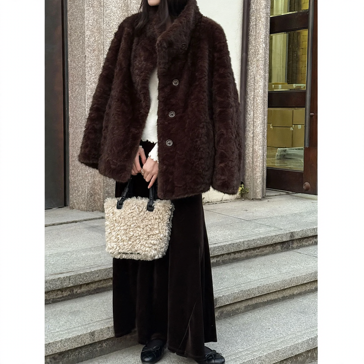 Women's faux fur jacket with standing collar, lined, model 52003