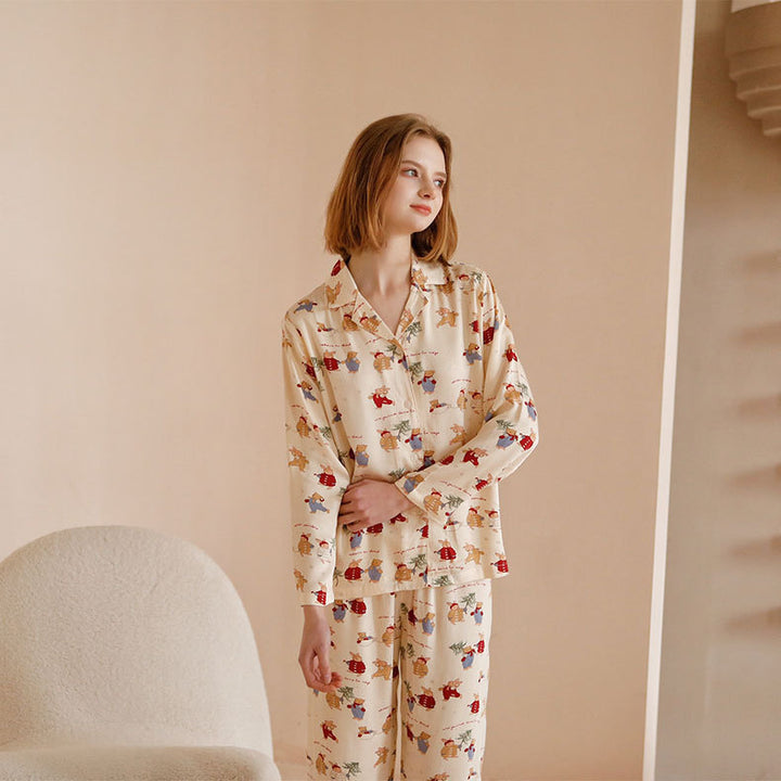 Women's Pajama Set, Cotton, Brushed, Christmas Bunny Print