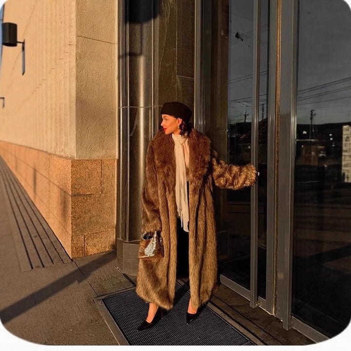 Long Vintage Coat in Faux Fur Look