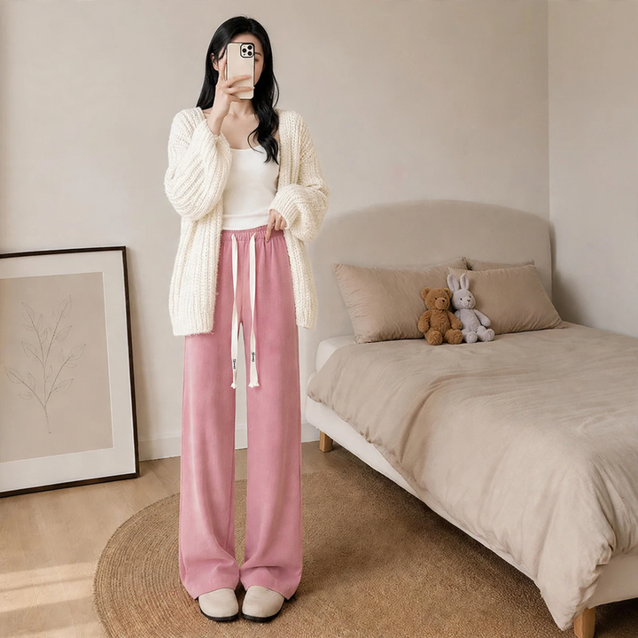 Fleece-lined corduroy knitted pants with wide legs
