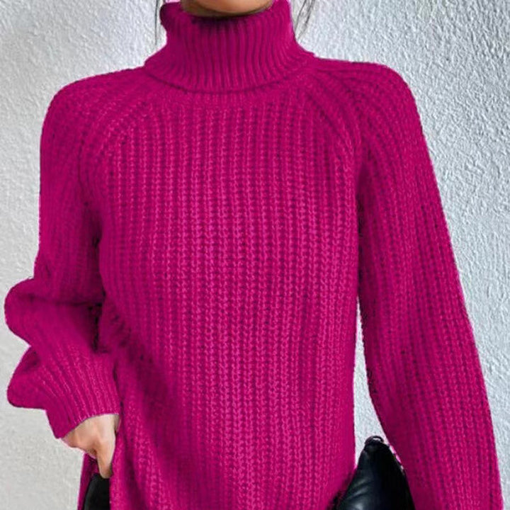 Women's knitted pullover, mid-length with high collar