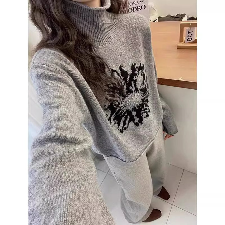 Women's turtleneck sweater, jacquard pattern, loose