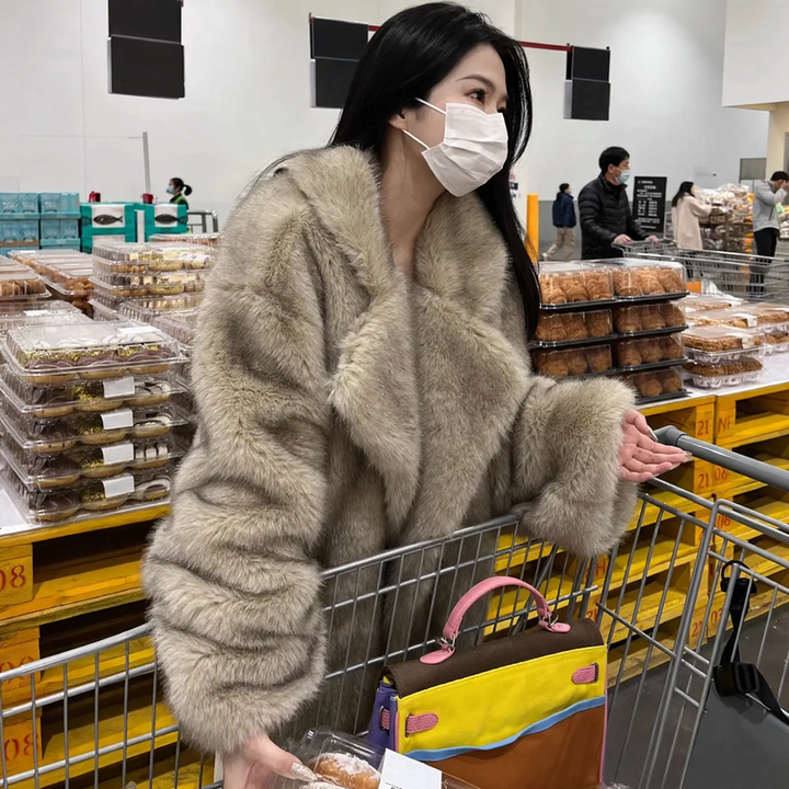 Women’s fur coat, medium length, artificial fur, winter