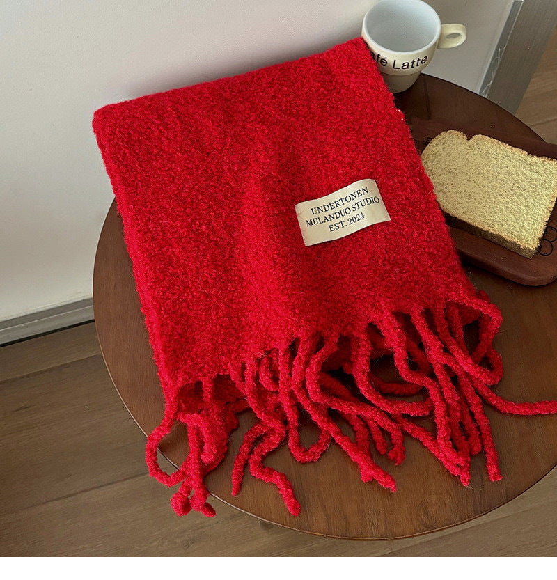 Long Alpaca Scarf with Fringes and Letter Application
