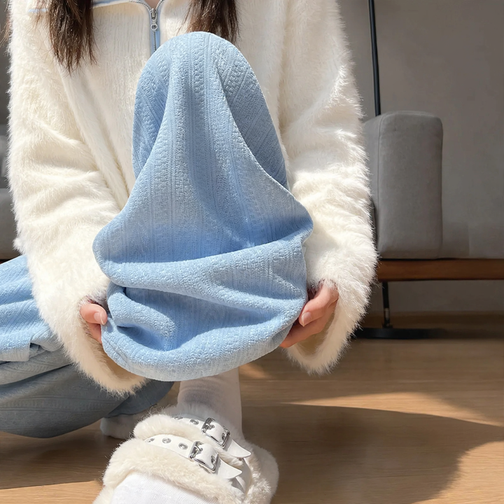 Fleece-lined cord wide leg pants for women