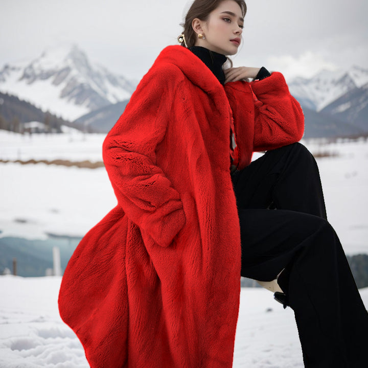 Mid-length coat in mink fur look with hood