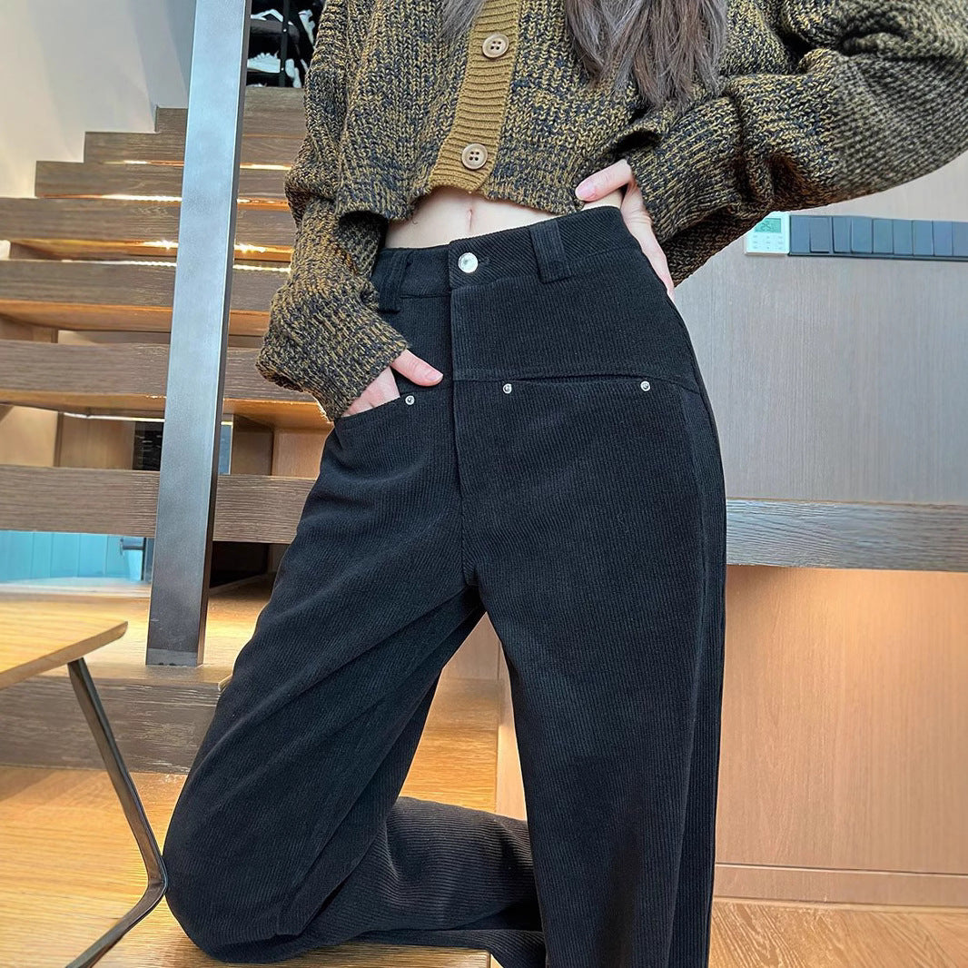 Black women's corduroy pants, high waist