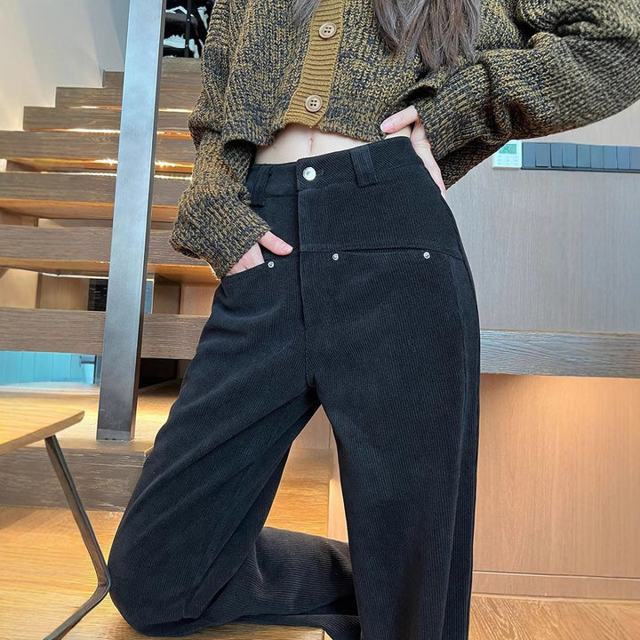 Black women's corduroy pants, high waist