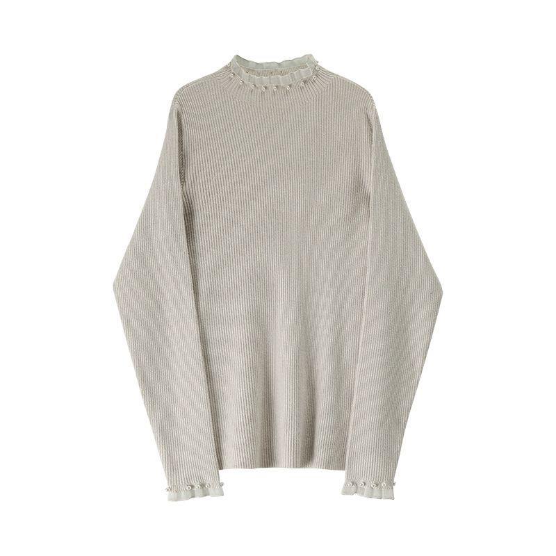 Women's knitted pullover with stand collar and pearl details