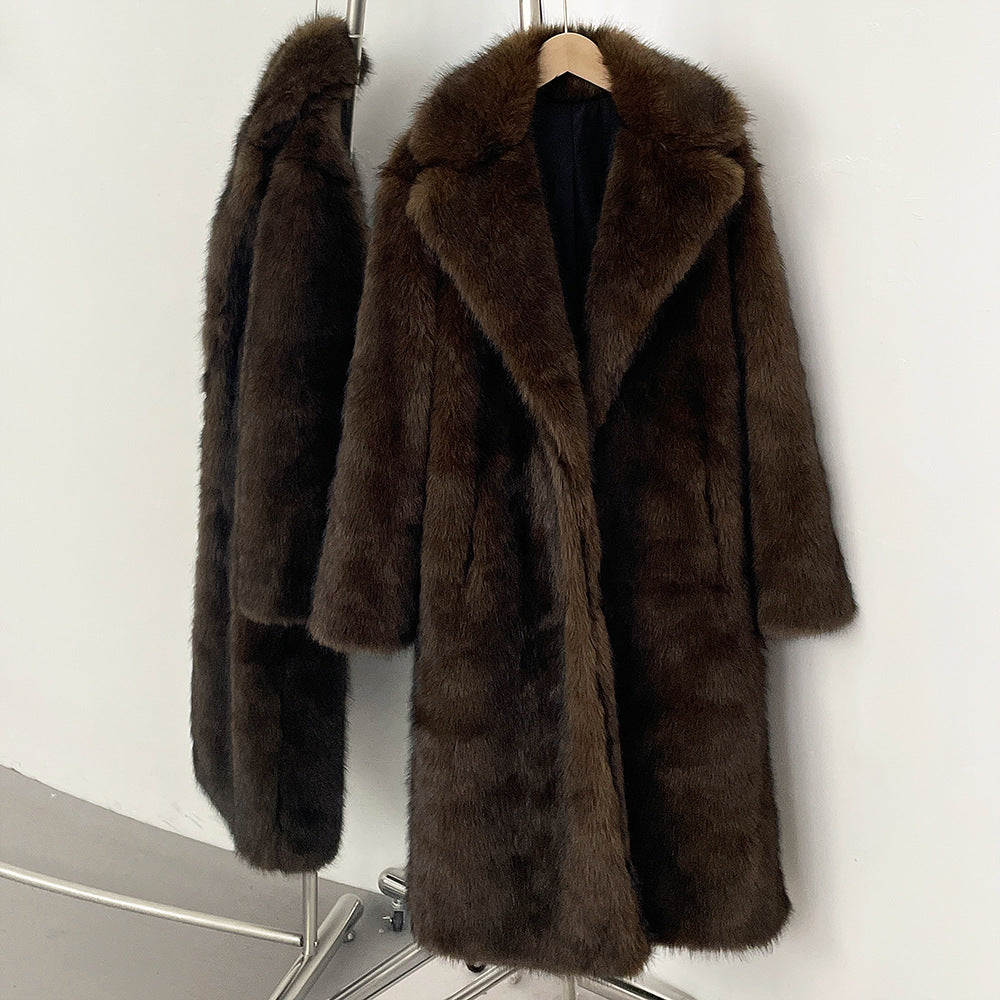 Elegant faux fur coat with lapel collar