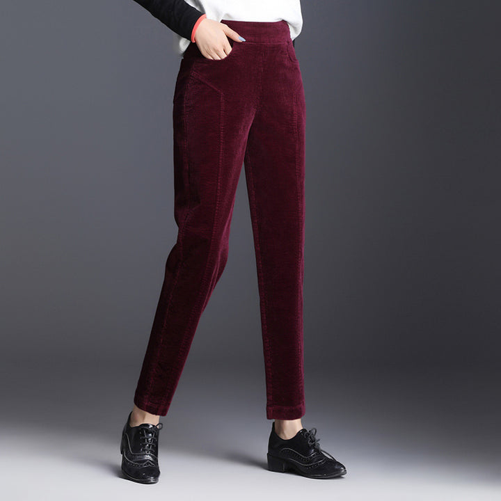 Women's corduroy pants, shortened, high waistband