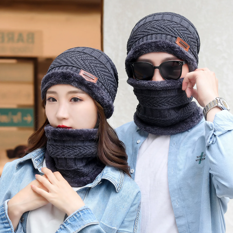 Knitted hat with scarf, 2-piece set, lined