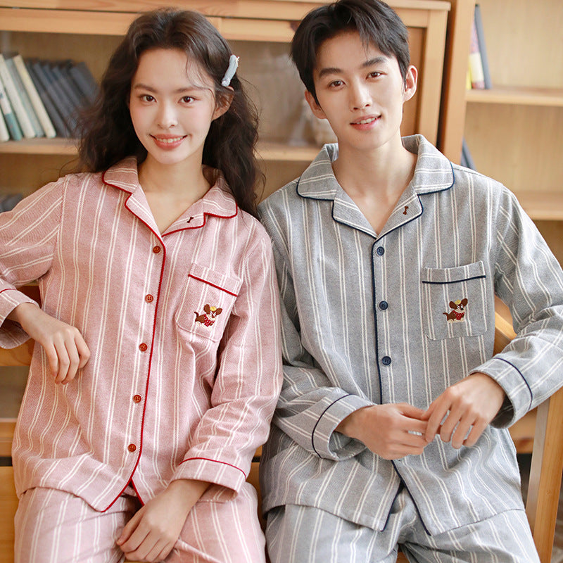 Cotton pajama set for couples, striped, embroidered
