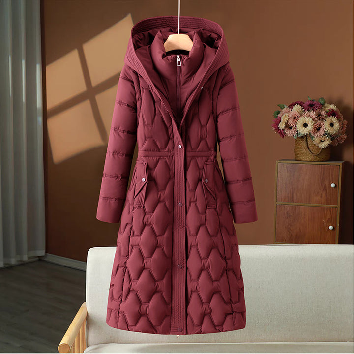Long women's winter coat with waistline and removable parts