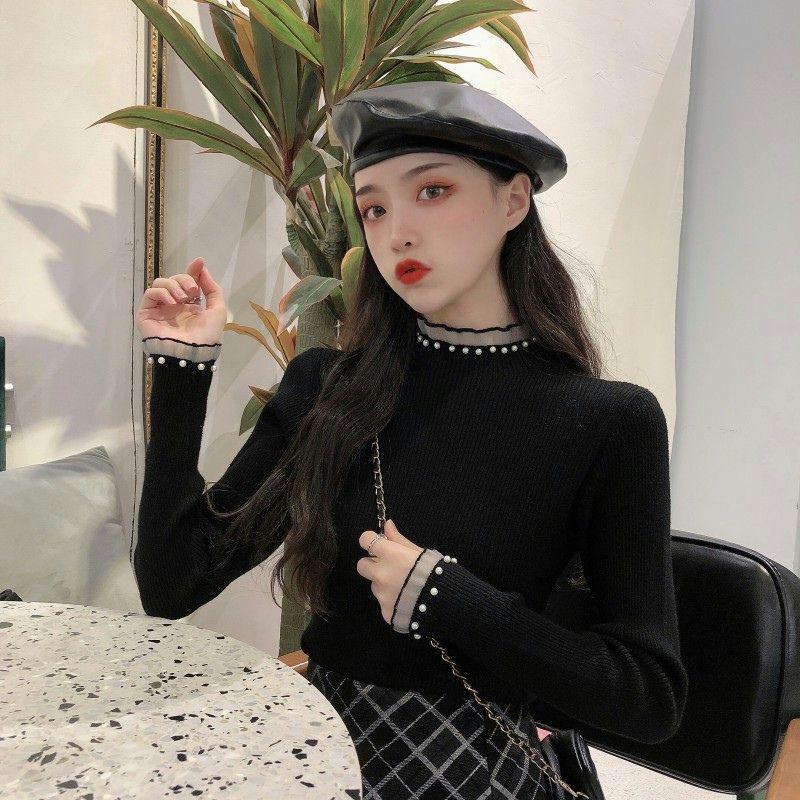 Ladies' knitted sweater with stand-up collar, lace and pearls