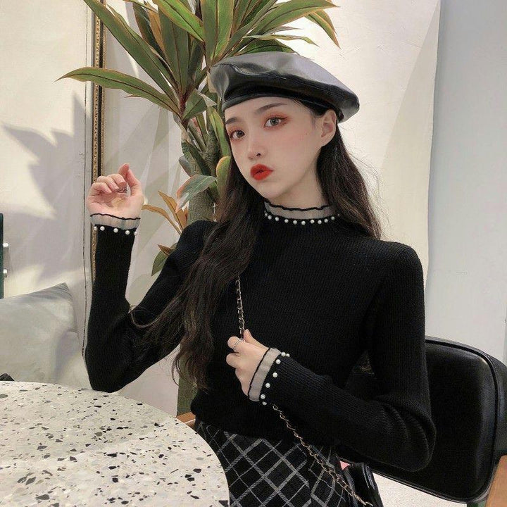 Ladies' knitted sweater with stand-up collar, lace and pearls