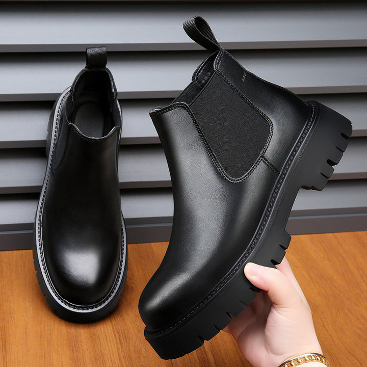 Men's Ankle Boots, Leather, Mid-High Heel, Round Design