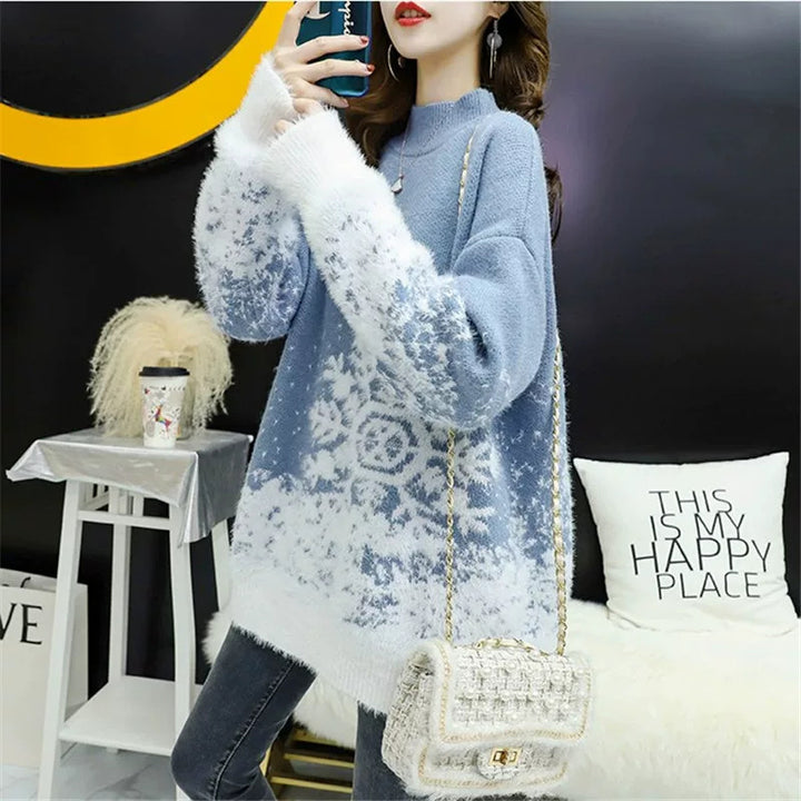 Knit sweater with stand-up collar, snowflake pattern