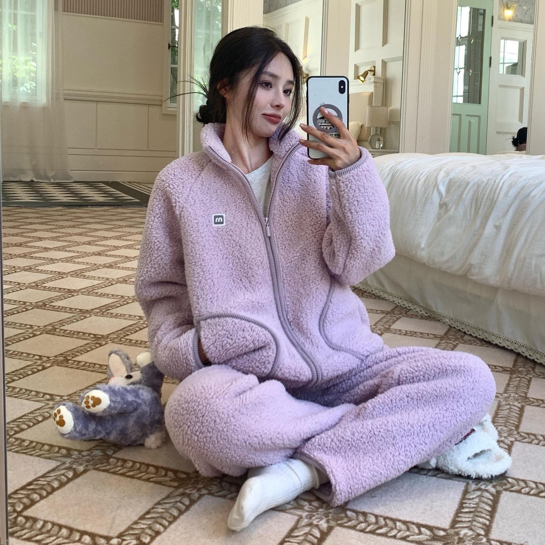 Lamb fleece imitation loungewear with zipper, unisex