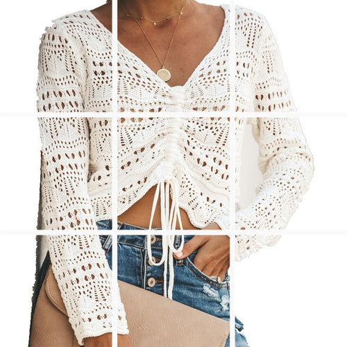 Top en maille pour femmes avec motif en crochet transparent et fermeture à nouer pratique Chic & Stil