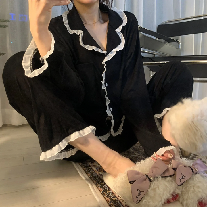 Women's Pajama Set, ribbed, with collar