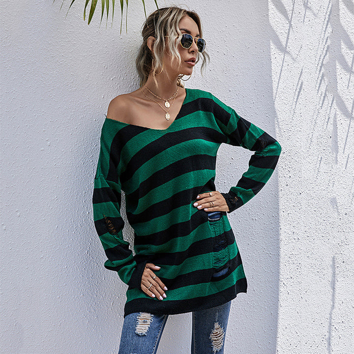 Pull en tricot surdimensionné pour femmes avec décolleté en V profond et motif à rayures tendance Chic & Stil
