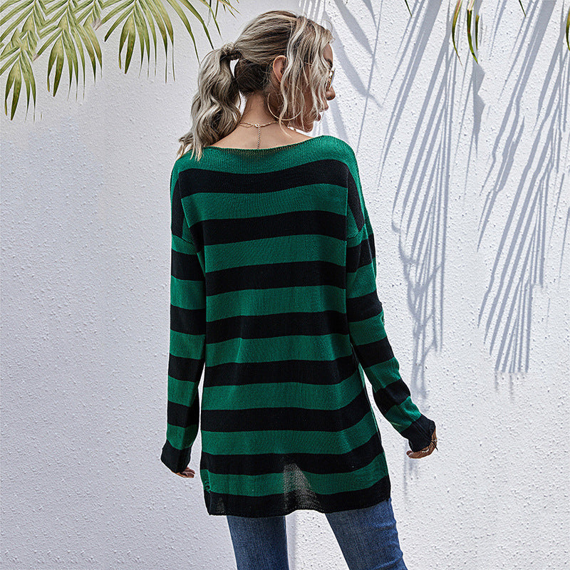Pull en tricot surdimensionné pour femmes avec décolleté en V profond et motif à rayures tendance Chic & Stil