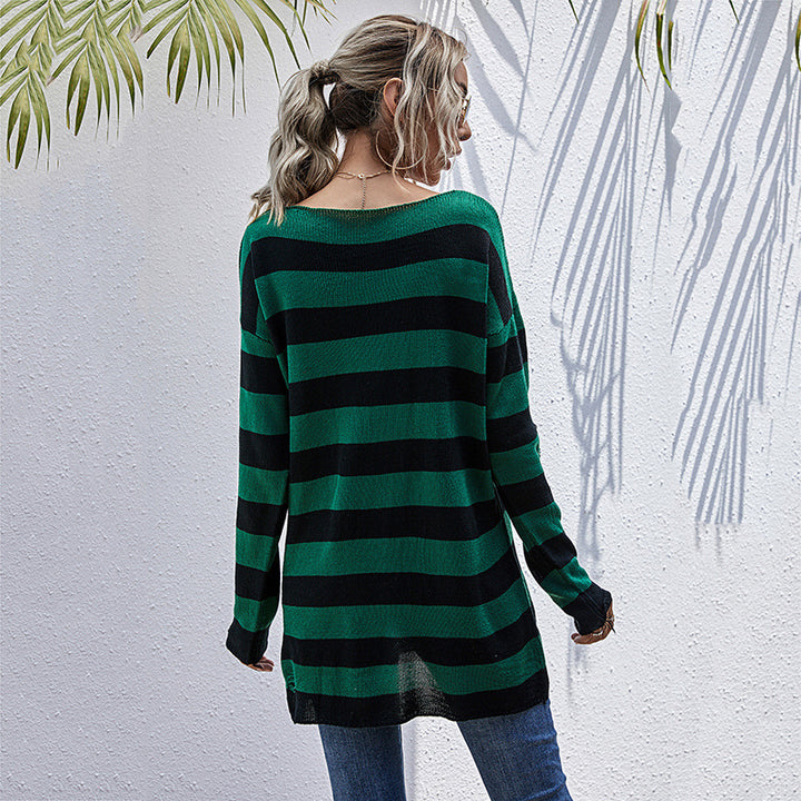Pull en tricot surdimensionné pour femmes avec décolleté en V profond et motif à rayures tendance Chic & Stil