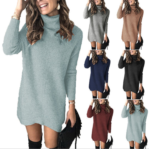 Hobo Sweater Dress for Women with High Collar and Ribbed Texture Amarae